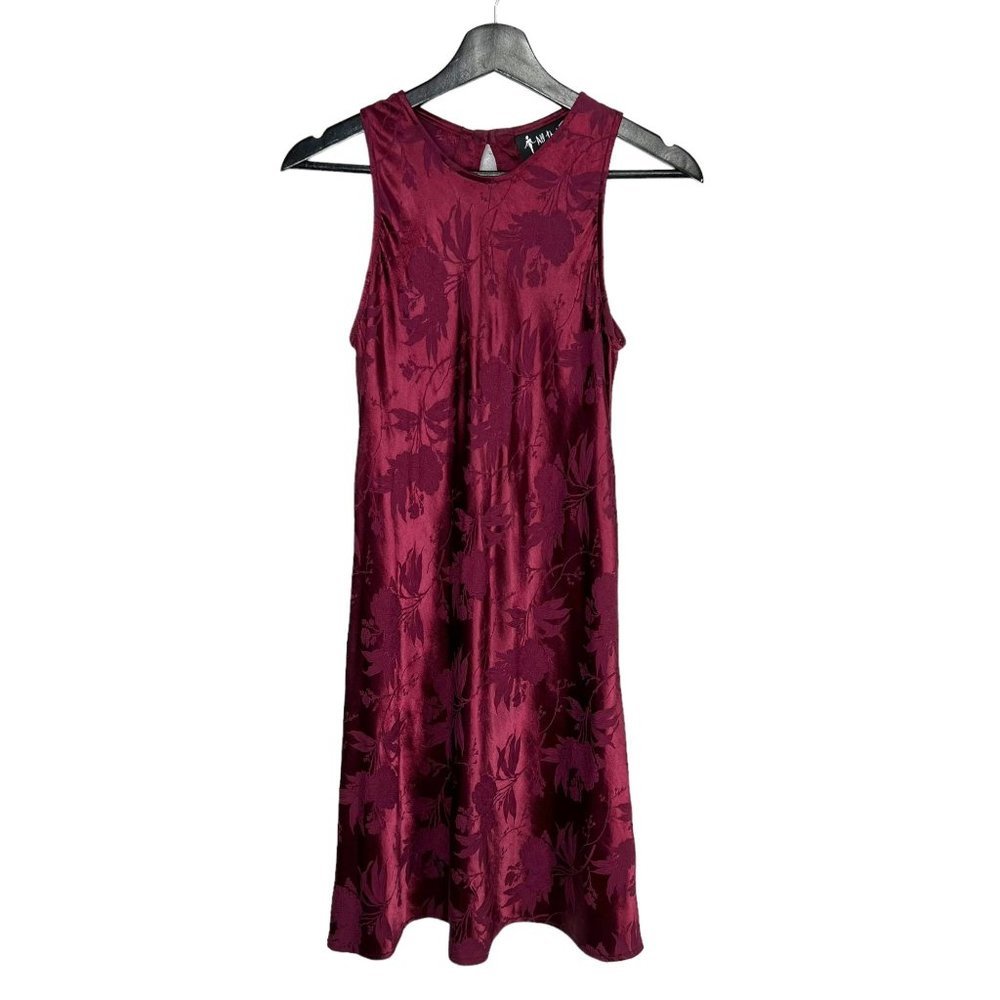 Vintage 90s Maroon Red Satin Brocade Floral Sleeveless Above Knee Dress Medium